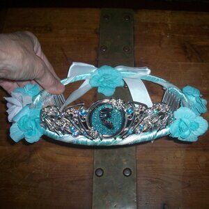 Disney Princess Elsa Tiara Blue Flowers Metal & Faux rhinestone Jewels